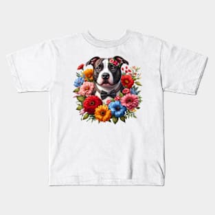 A staffordshire bull terrier decorated with beautiful colorful flowers. Kids T-Shirt